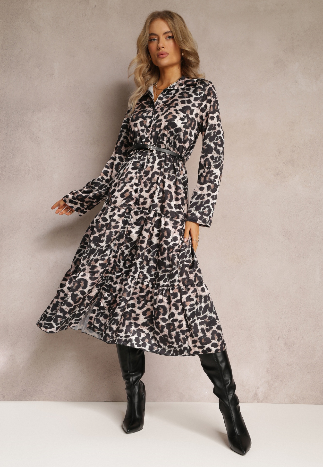 Rochie Bej-Neagră cu imprimeu leopard cu curea Klio