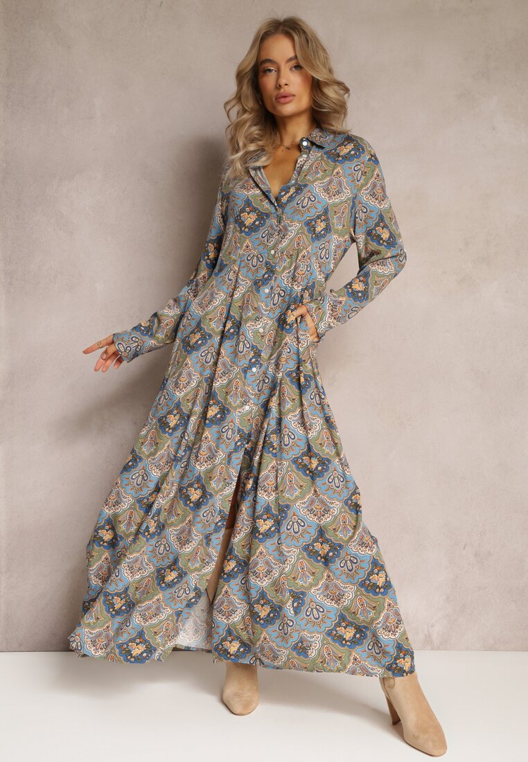 Rochie Tip Cămașă Albastru-Verde cu model Paisley Zeli