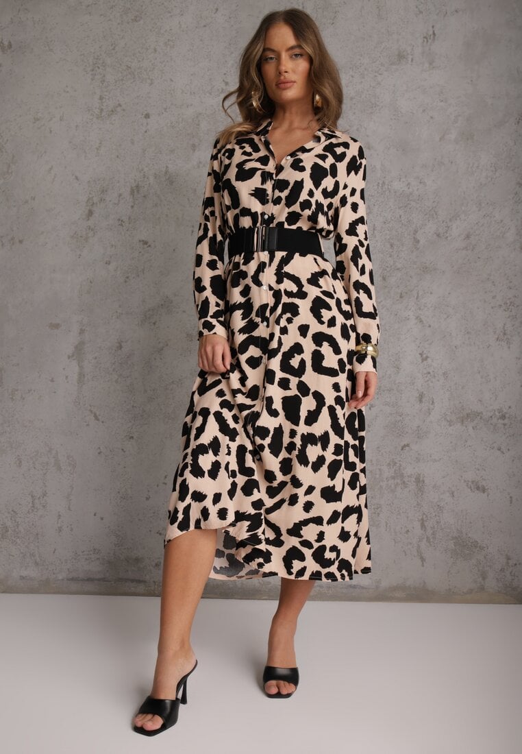 Rochie cămașă Bej-Neagră cu imprimeu leopard și centură Canahy