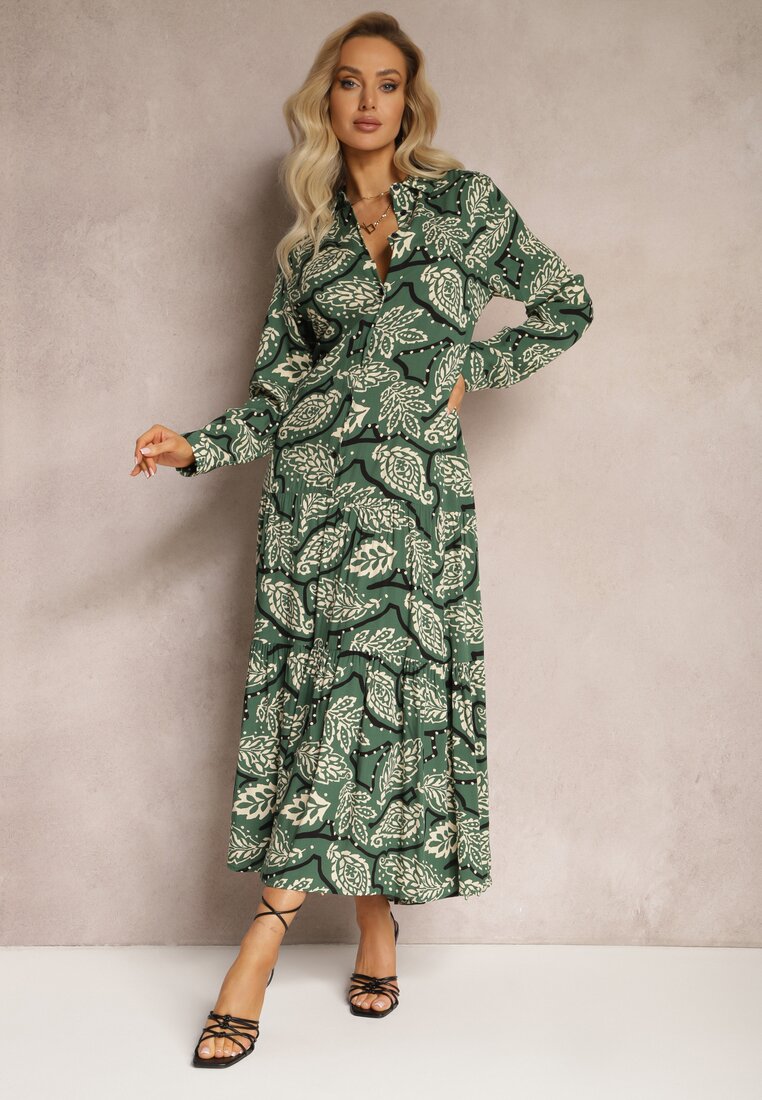 Rochie tip cămașă verde închis cu flori Kolni