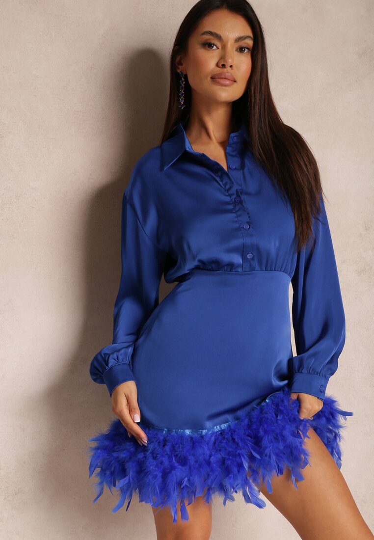 Rochie bleumarin din satin cu pene la tiv Zaitena