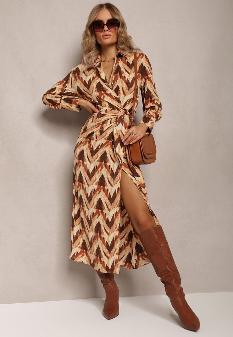 Rochie Bej-Maro Plic cu Model Geometric Elavelle