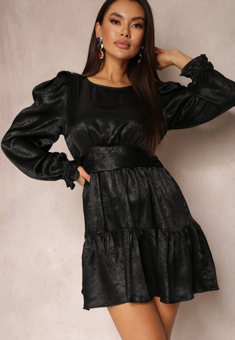 Rochie Neagră Metalică cu Mânecă Bufantă Cany
