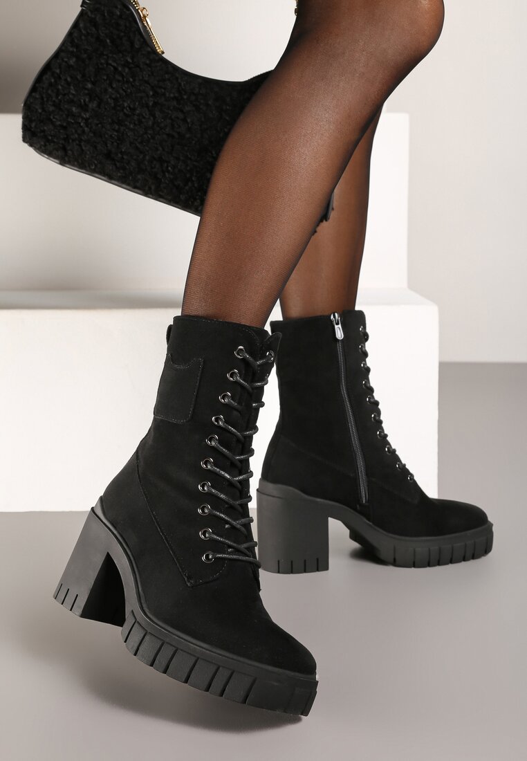Botine Negre cu Toc Gros și Platformă cu Șireturi Ameni