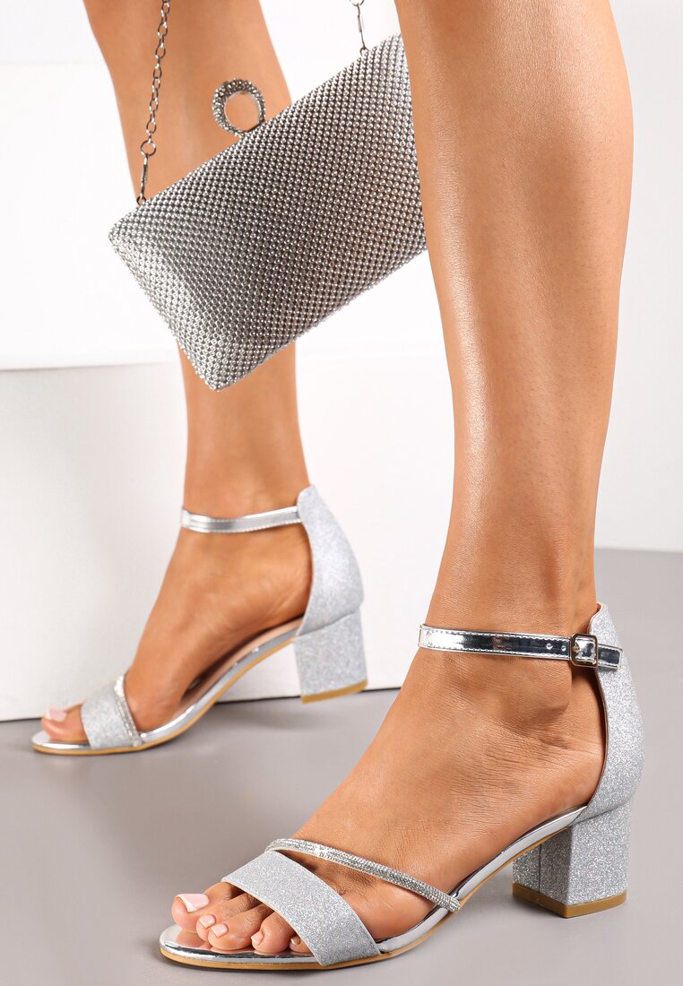 Sandale Argintii cu toc gros, cu sclipici și baretă cu strasuri Varene
