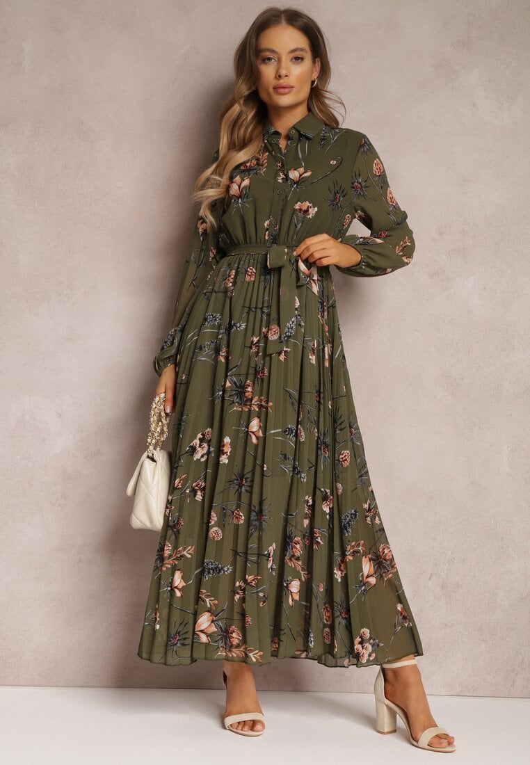 Rochie Verde închis Plisată Florală Emiranda