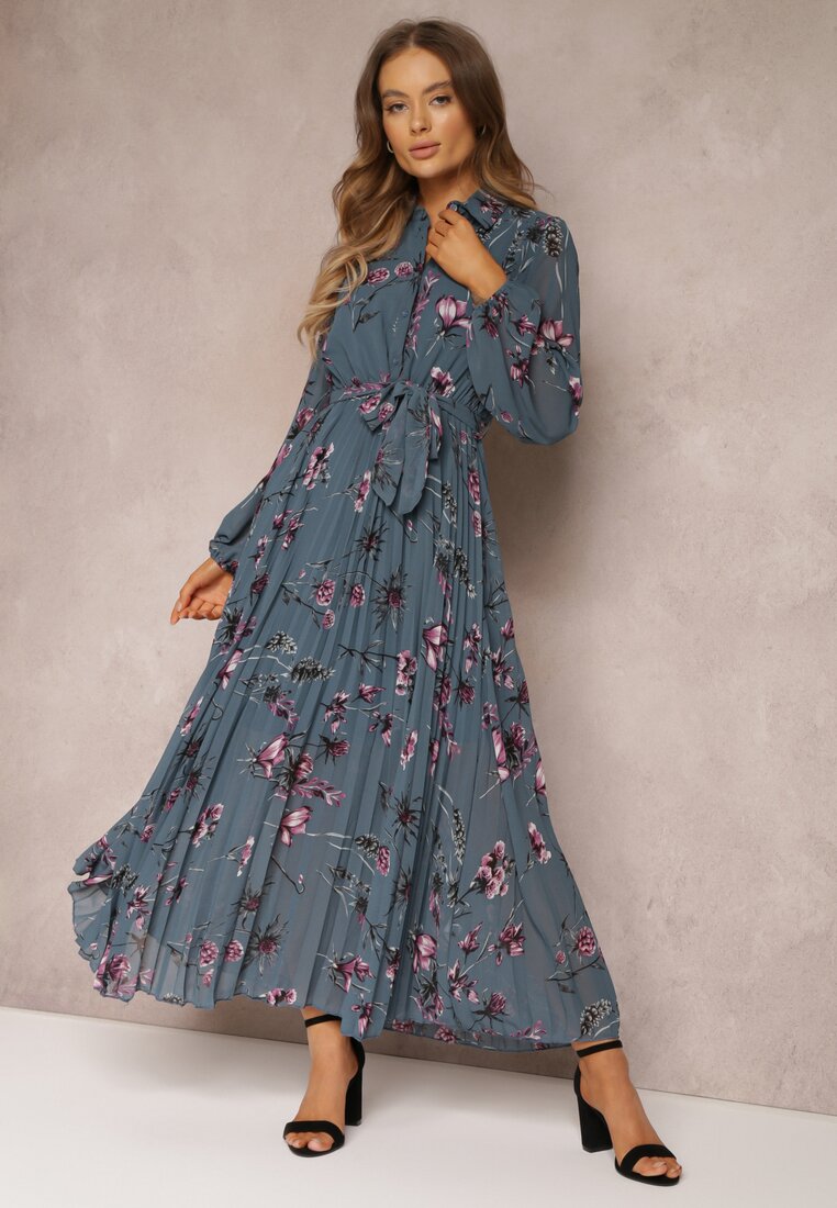 Rochie Bleumarin Plisată cu flori Emiranda
