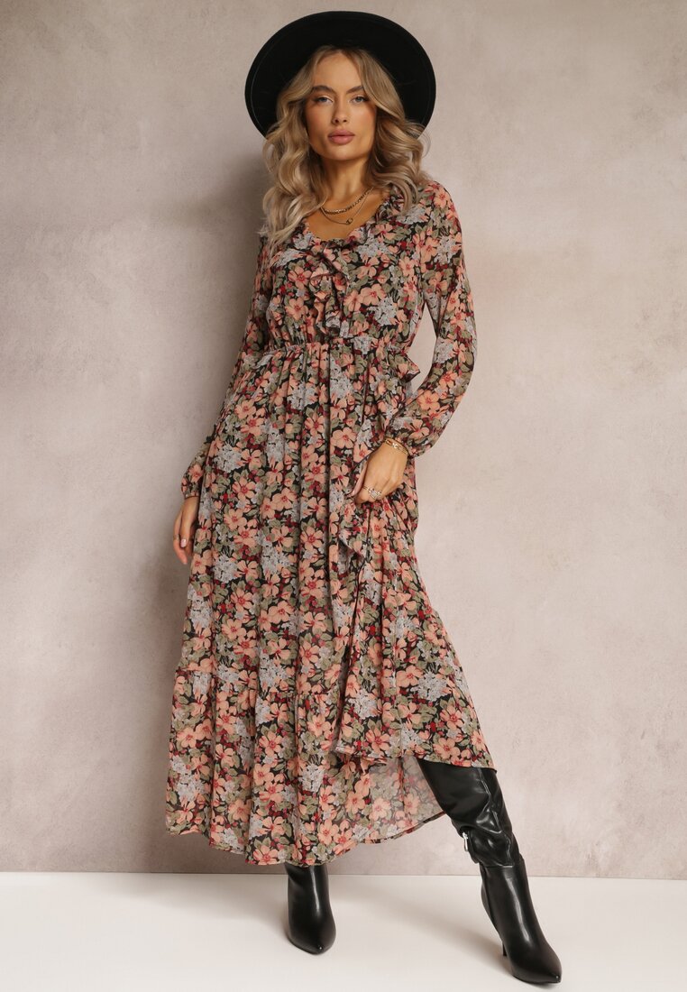 Rochie Evazată Florală Negru-Bej cu Elastic în Talie Veprime