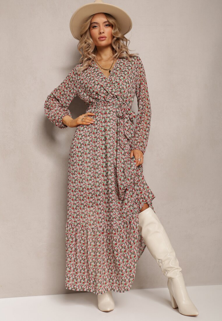 Rochie Verde-Roșu Petrecută cu Volan și Curea Legată Gjerana