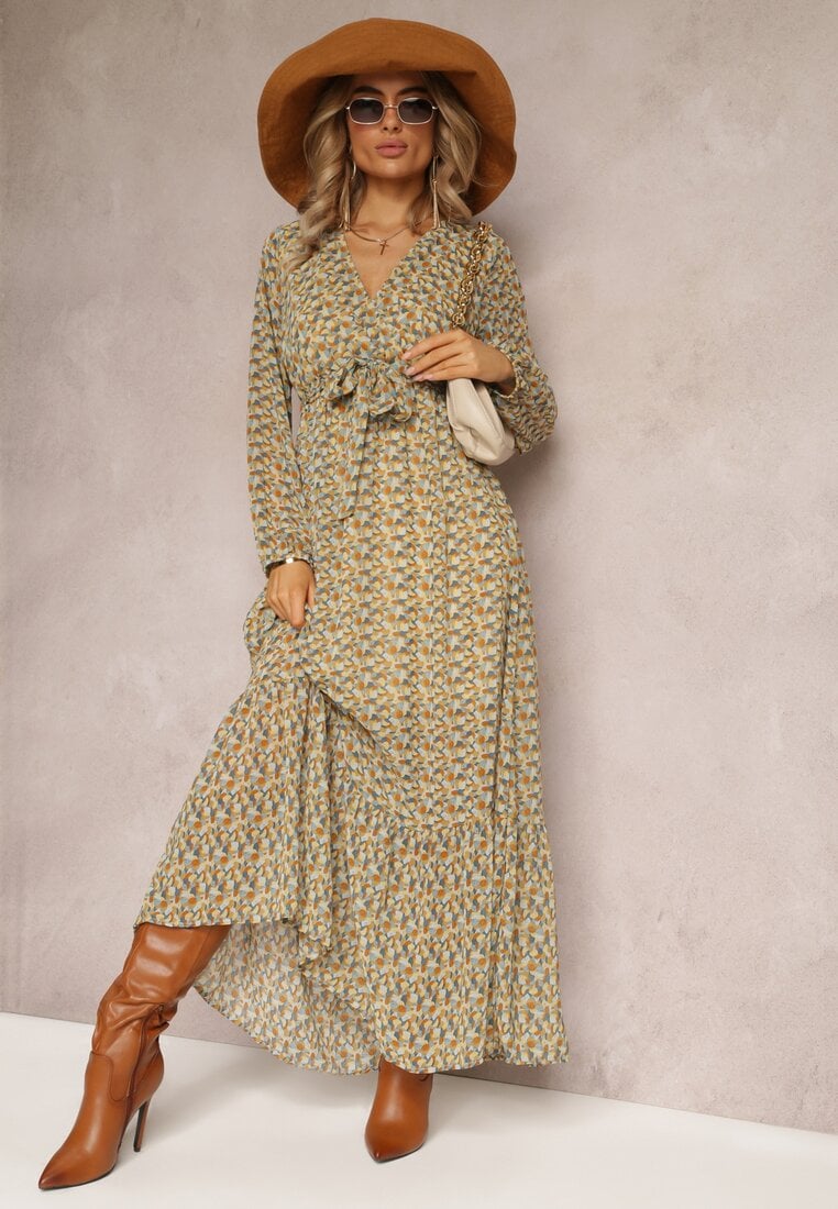 Rochie petrecută Galben-Verde cu Volan și Curea Legată Gjerana