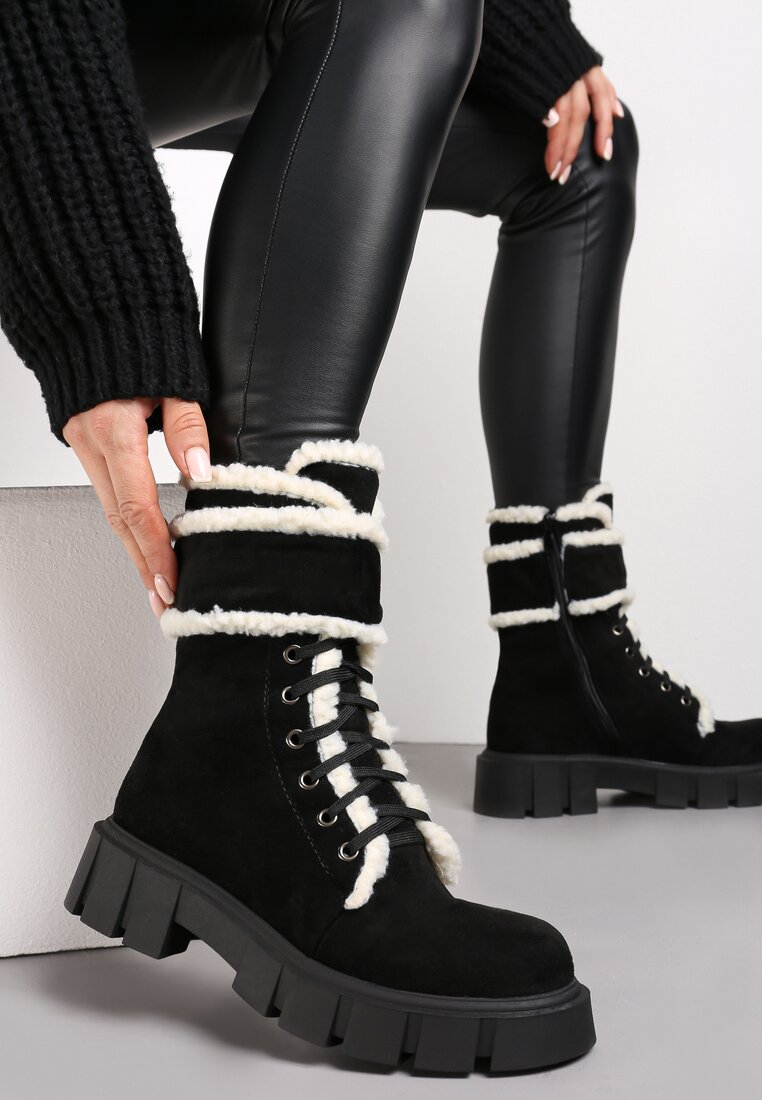 Botine worker Negru-Bej cu borduri de blană Freekolo