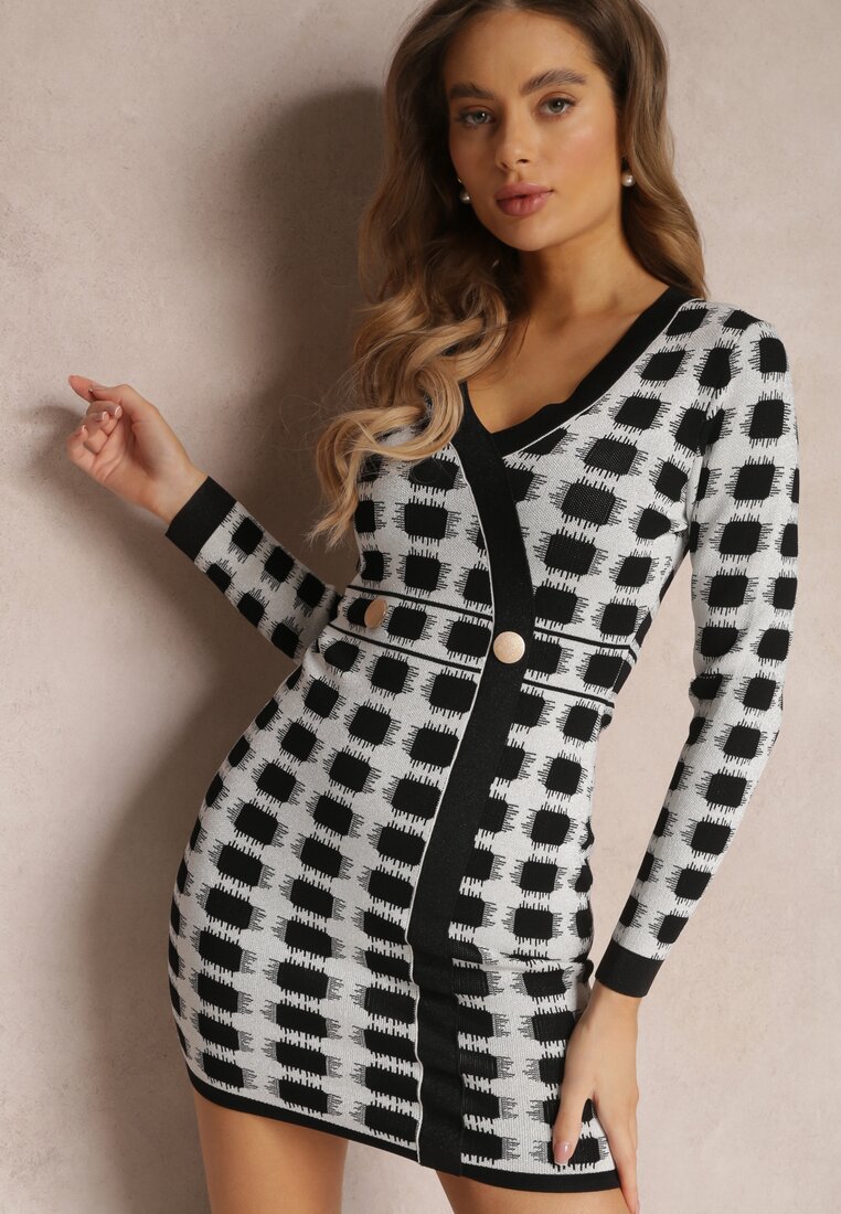Rochie tricotată gri deschis cu model geometric cu fir metalic Enoto