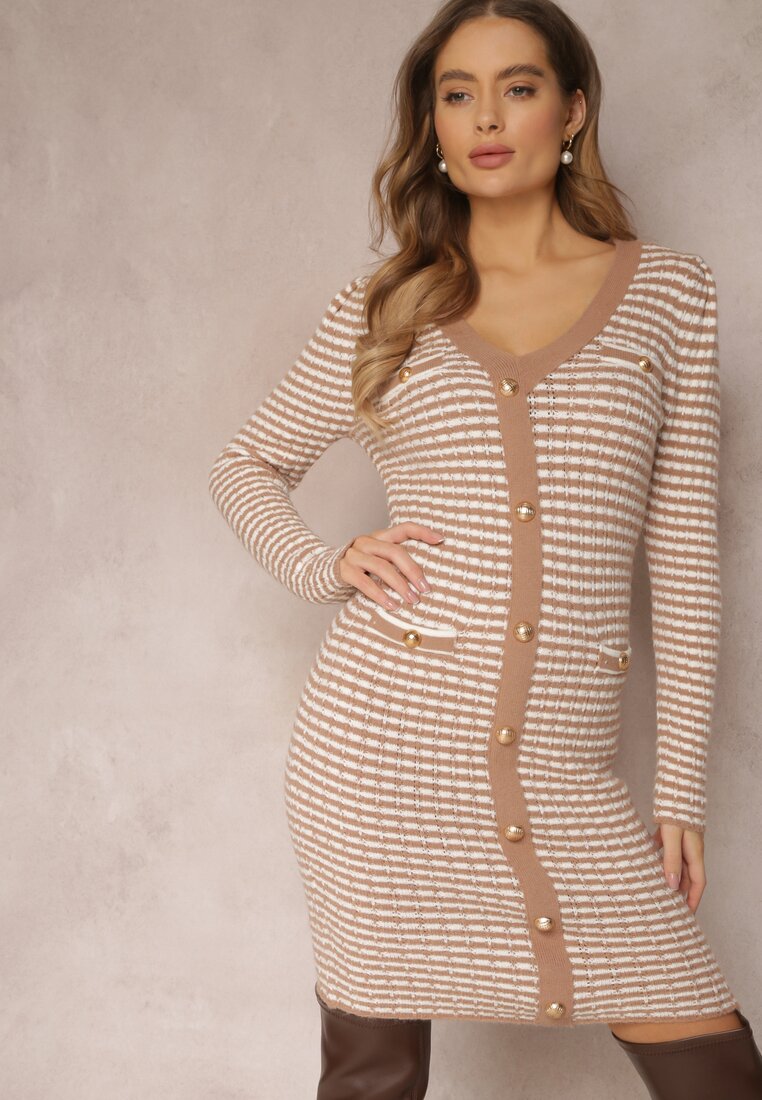 Rochie bej Tricotată cu nasturi decorativi Adarete