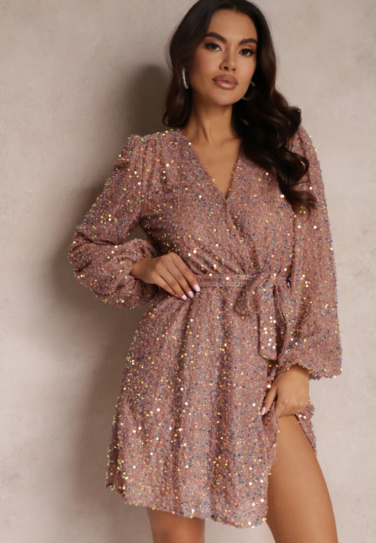 Rochie Roz cu paiete cu Decolteu petrecut Voodek