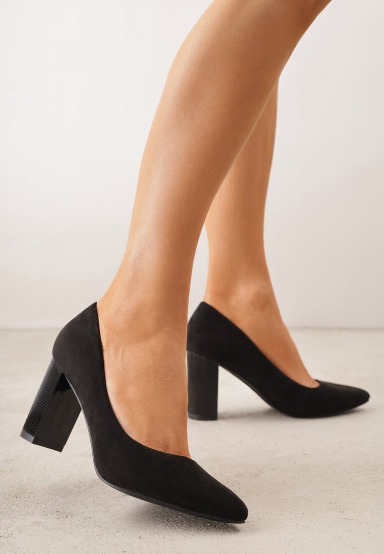 Pantofi cu toc negri cu branț din piele cu toc bloc înalt Keshi