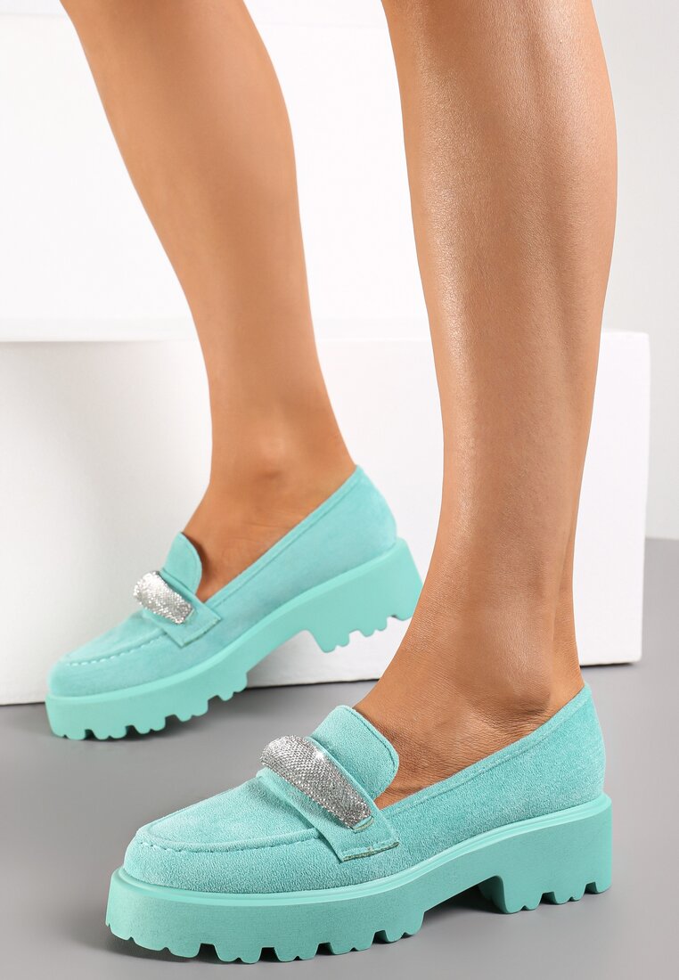 Mocasini Verzi cu Curea cu Zirconiu și cu Talpă Groasă Degase