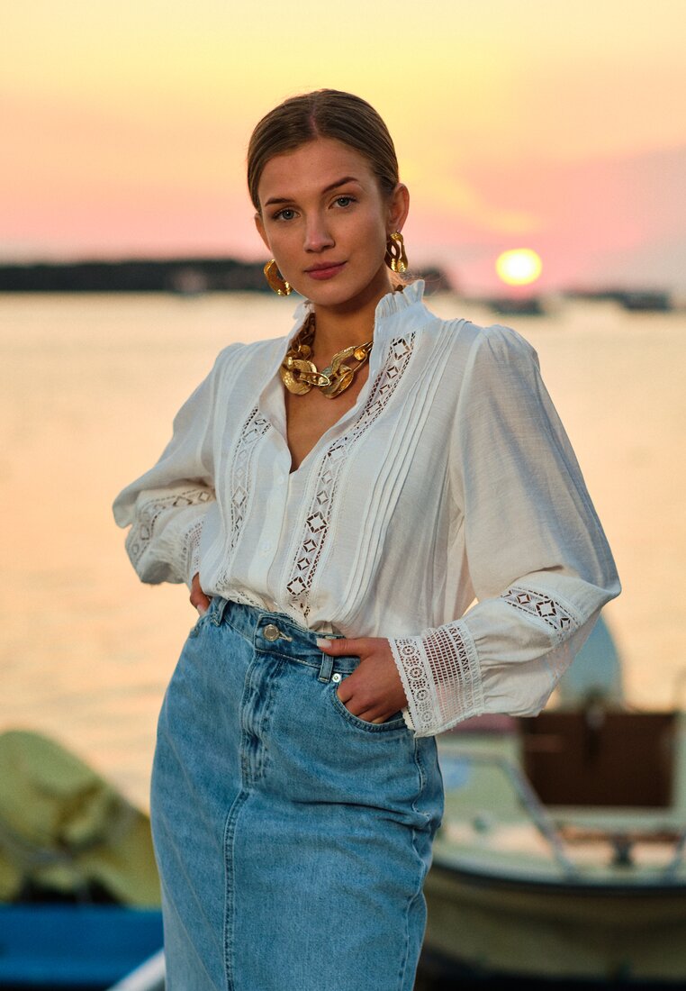 Cămașă Albă cu Guler tunica și Dantelă Phaeninca