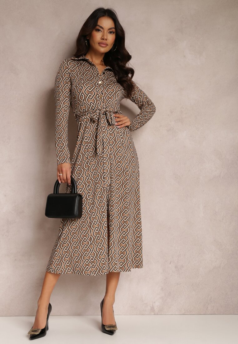 Rochie tip cămașă bej cu mânecă lungă și curea legată Salar