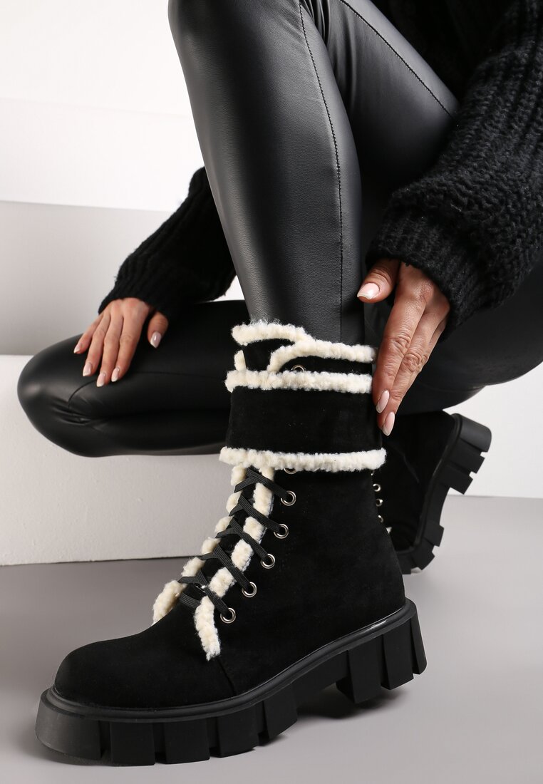 Botine Negre worker cu talpă groasă și cu blană Valiro