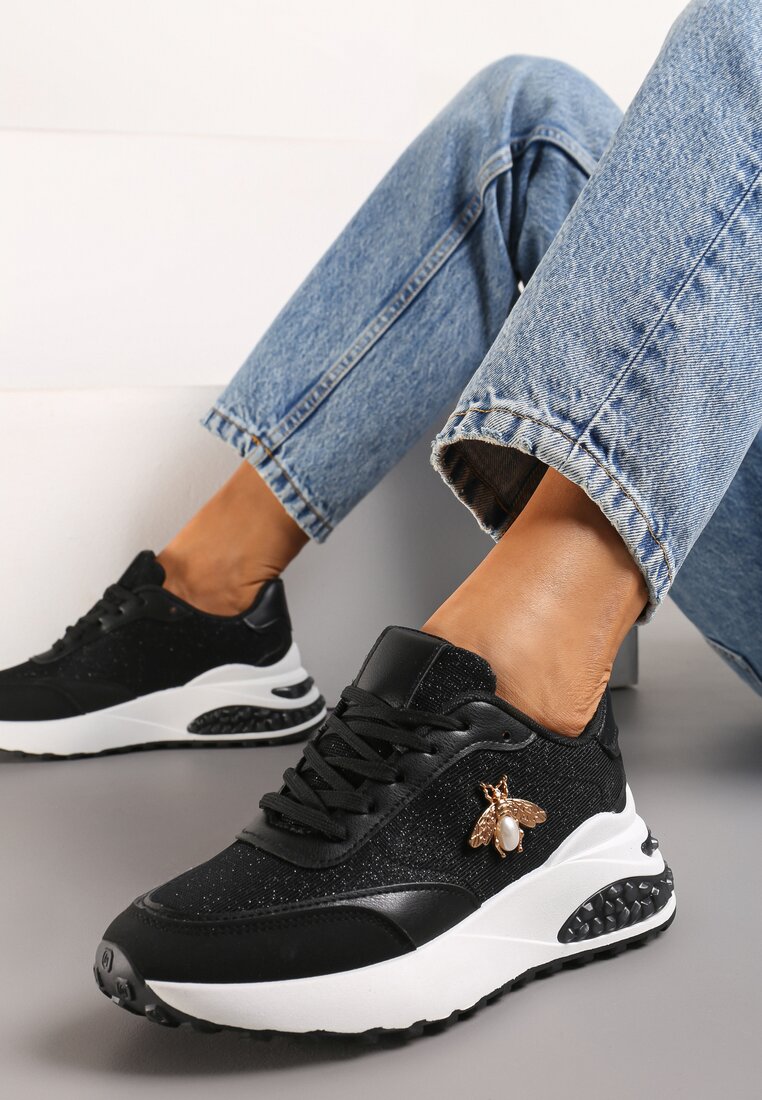 Adidași Negri cu Talpă Groasă, cu Ornament și Sclipici Sehdi