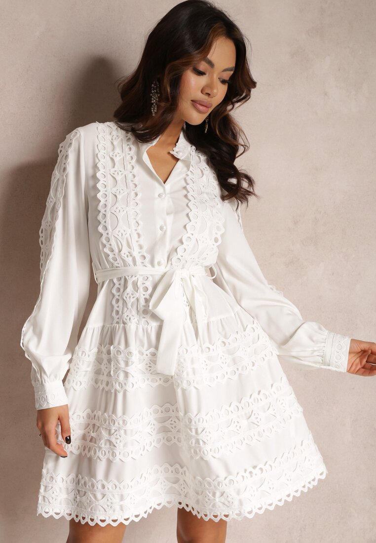 Rochie Cămașă Albă cu Cordon Legat și Benzi Ajurate Deme