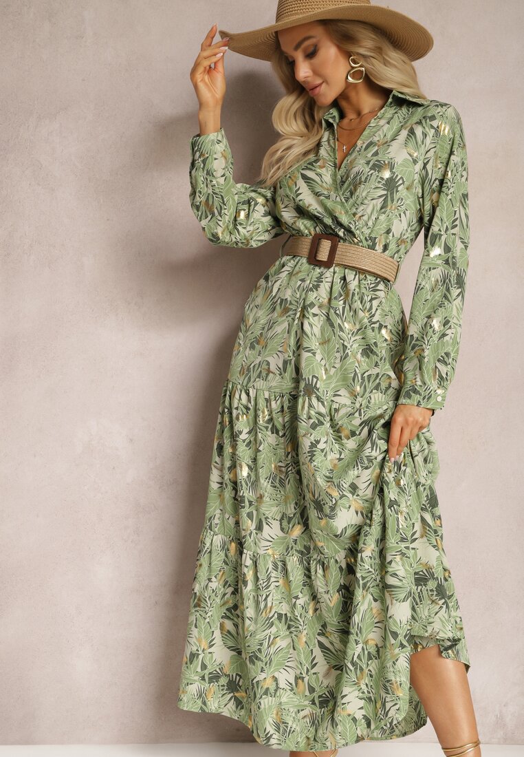 Rochie Verde deschis cu model vegetal și Curea împletită Nouylas