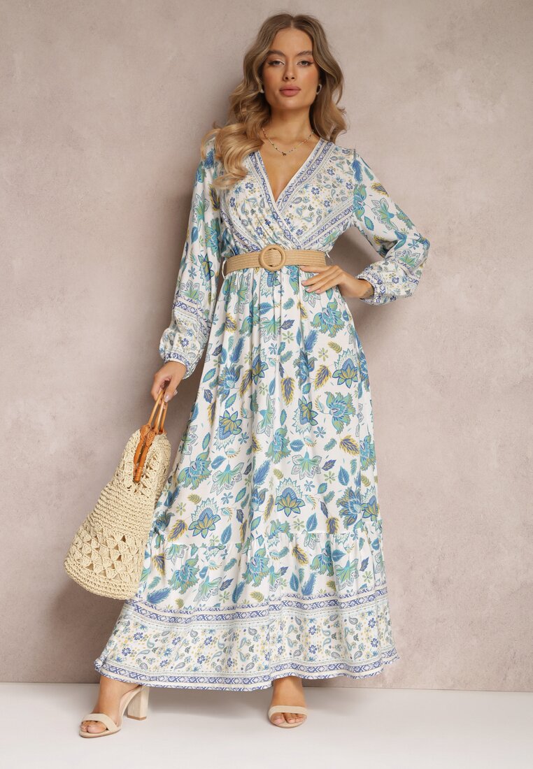 Rochie albastru-albă cu flori evazată cu curea Hosifar