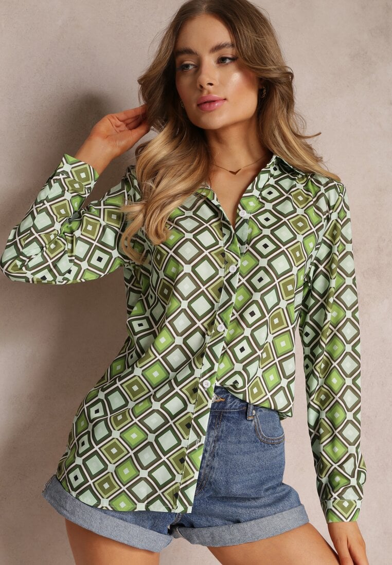 Cămașă Verde deschis cu nasturi cu model geometric Ieawe