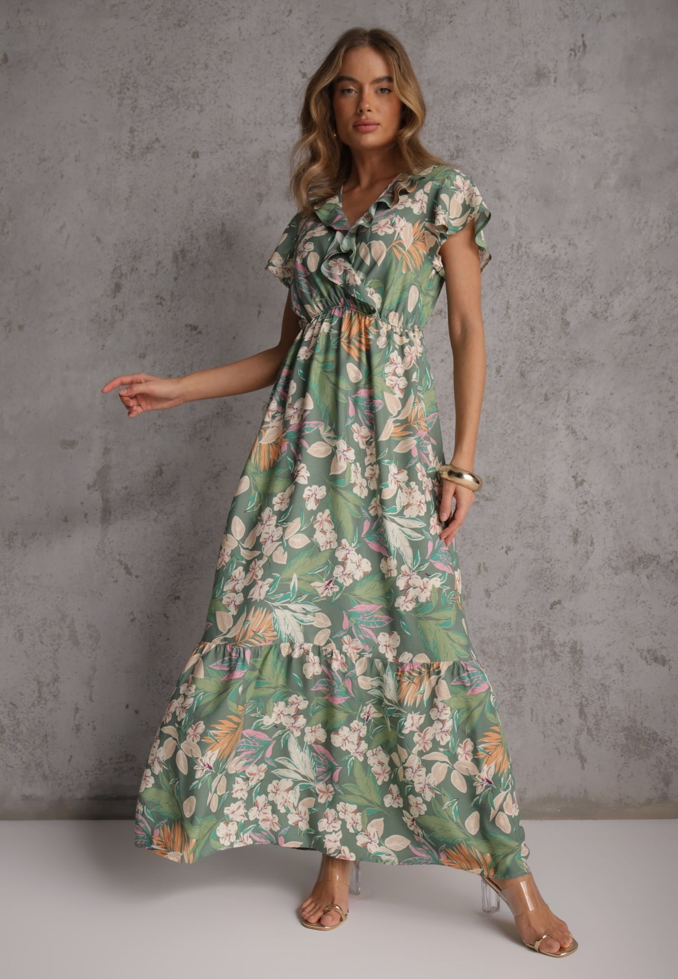 Rochie Verde cu flori din viscoză cu decolteu petrecut Narma