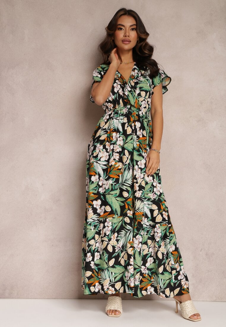 Rochie Verde-Negru cu Flori din Viscoză cu Decolteu Plic Narma