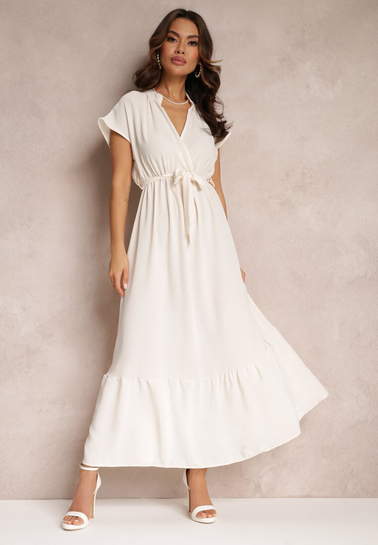 Rochie Bej Maxi Legată în Talie cu Elastic în Talie Vynyndu