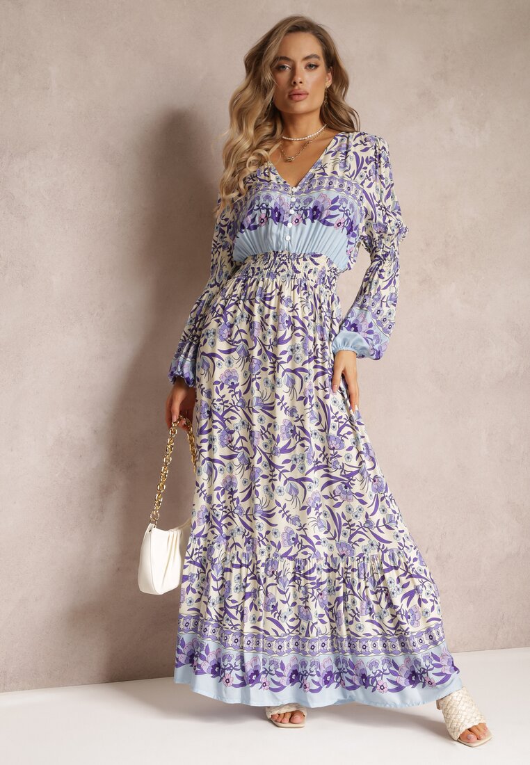 Rochie Maxi Violet-bej cu Imprimeu Floral din Viscoză Vellu