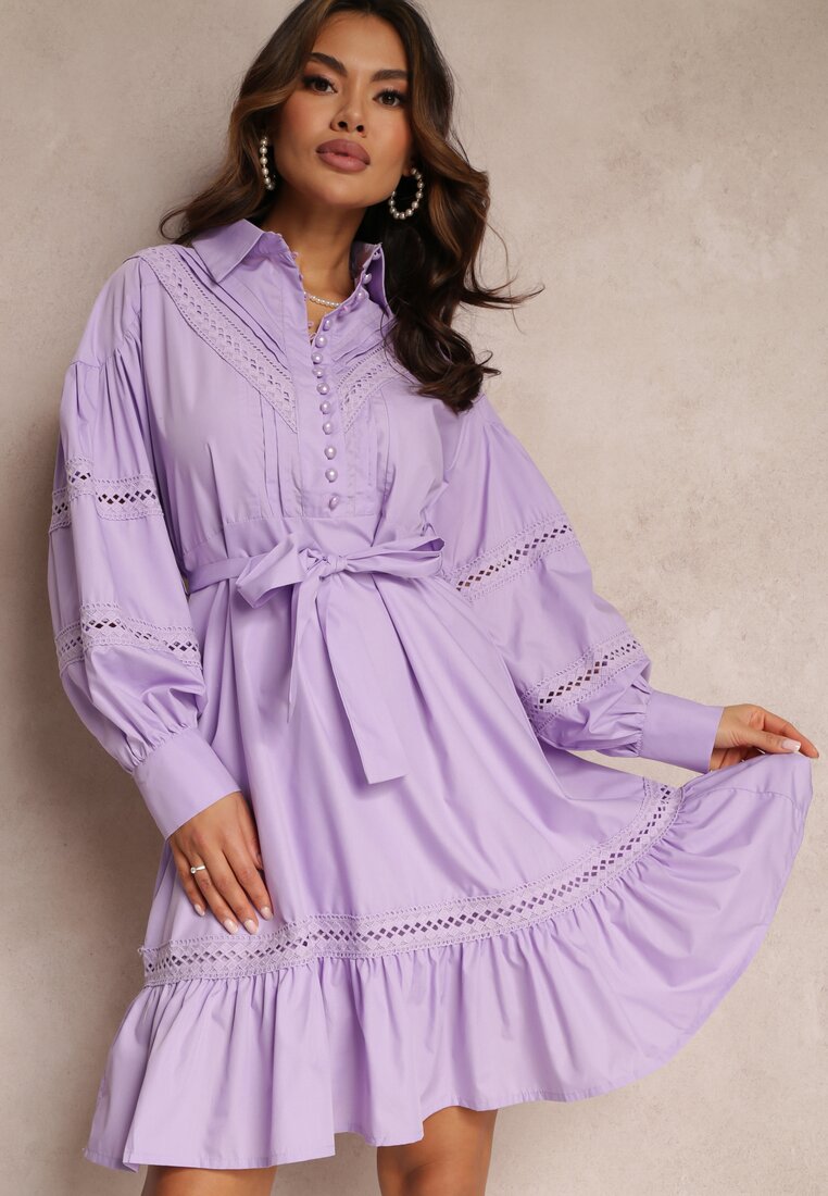 Rochie Tip Cămașă Violetă cu nasturi de perle și inserții din dantelă Shyanne