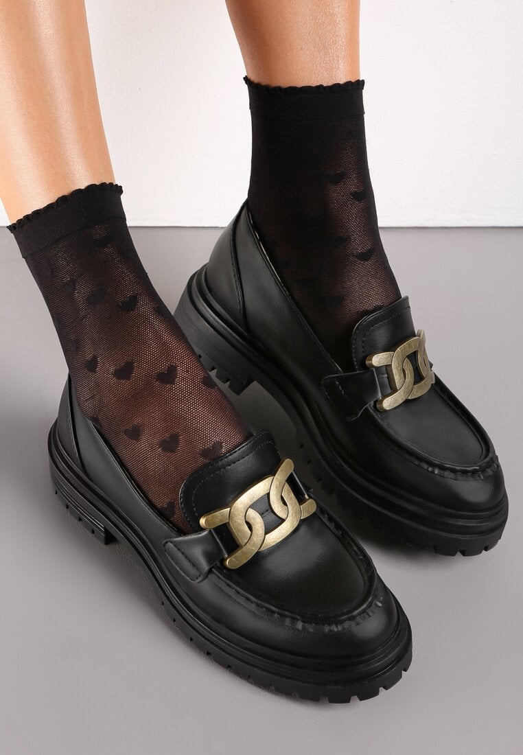 Mocasini Negri cu Talpă Groasă cu Ornament Metalic Cantia