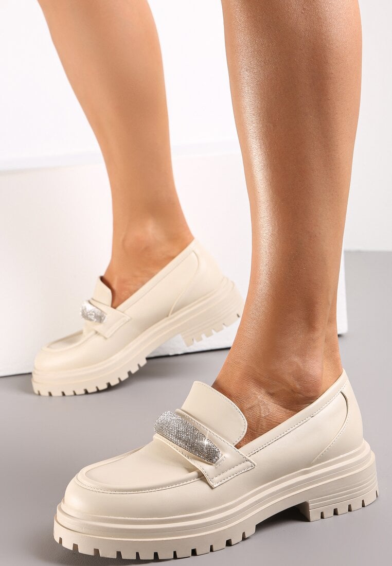 Mocasini Bej cu Talpă Groasă și Ornament din Zirconiu Neosa