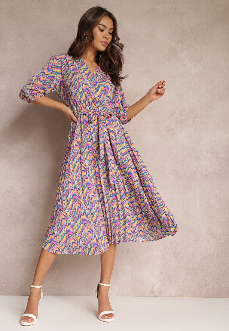 Rochie Plisată Maxi Albastru-Roz cu elastic în talie și curea Sangelo