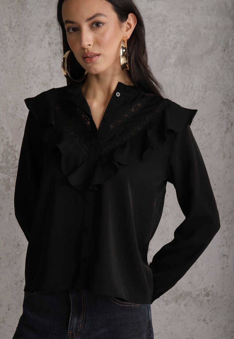 Cămașă Neagră cu Volane și Inserții din Dantelă Eletoma