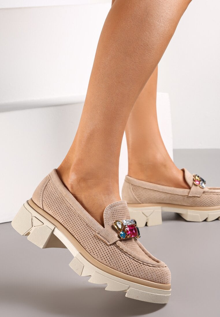 Mocasini Bej închis cu Cristale și Brant din Piele Naturală Zaidy