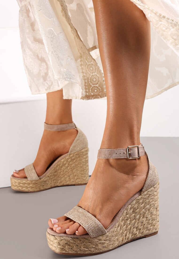 Sandale Bej închis Împletite cu toc pană și platformă cu curea decorativă Zete