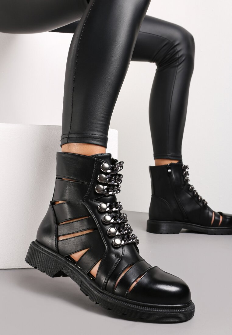 Ghete Negre cu talpă plată cu decupaje și șireturi decorative Myleah