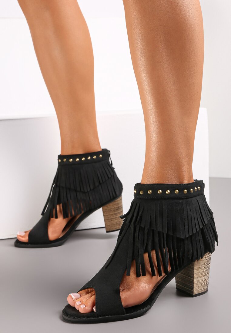 Sandale Negre la gleznă cu Franjuri și Ținte Inayat