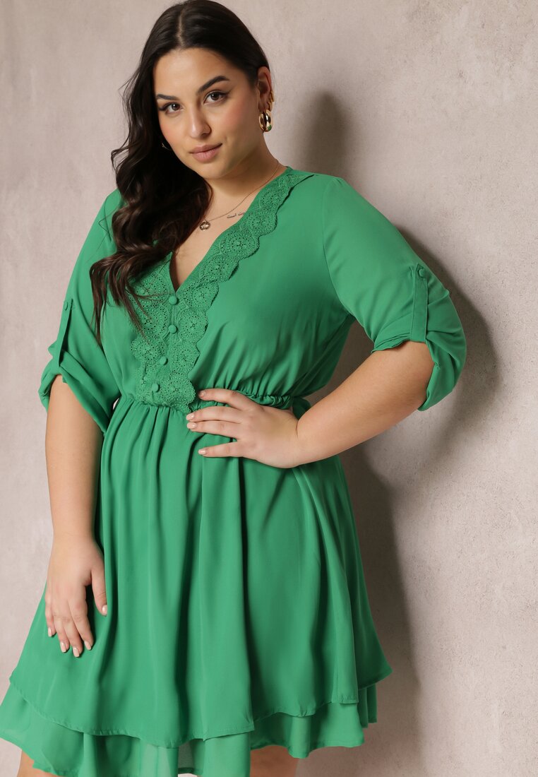 Rochie Verde Evazată Mini cu Decolteu Ornamental și Elastic în Talie Braely