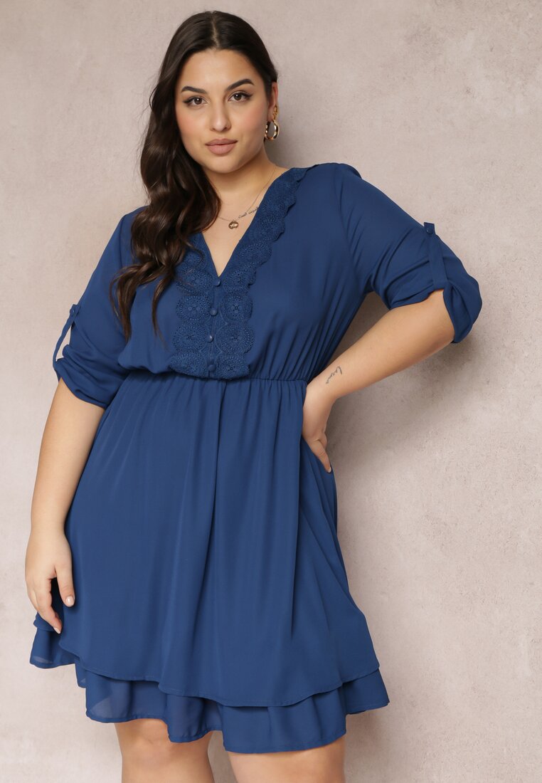 Rochie mini bleu-marin cu elastic în talie și inserții din dantelă Kelia