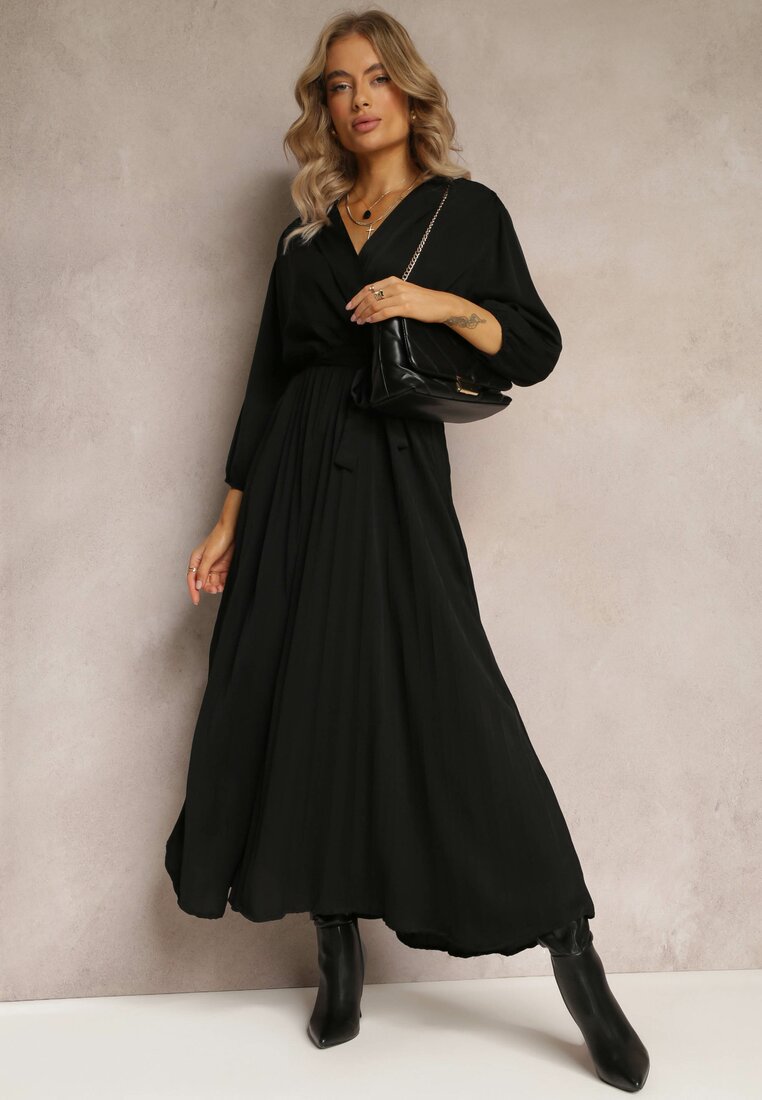 Rochie Neagră Plic cu elastic și curea în talie, decorată cu pliuri Kaylina