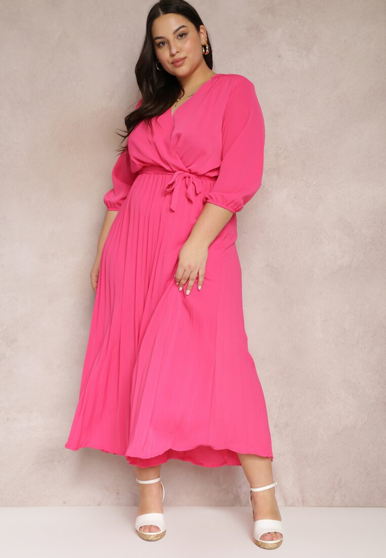 Rochie roză tip plic cu elastic și curea în talie decorată cu pliuri Kaylina