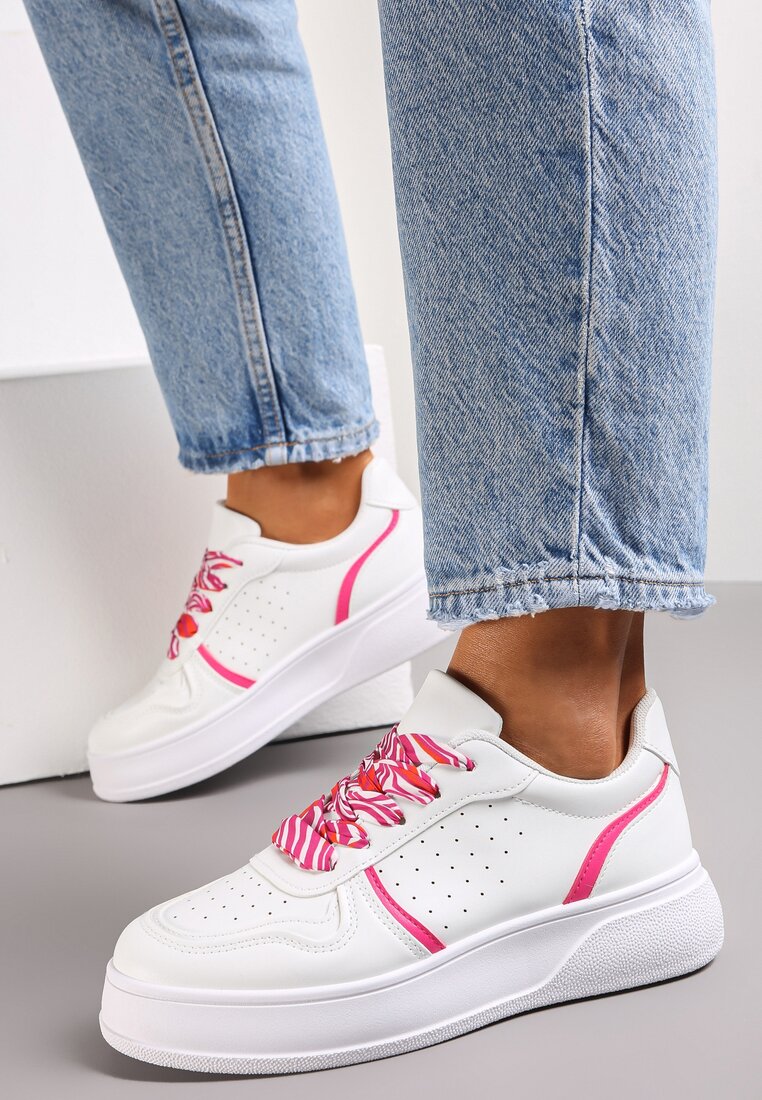 Adidași Albi și Roz cu Talpă Groasă, Inserții Decorative și Șireturi Elliette