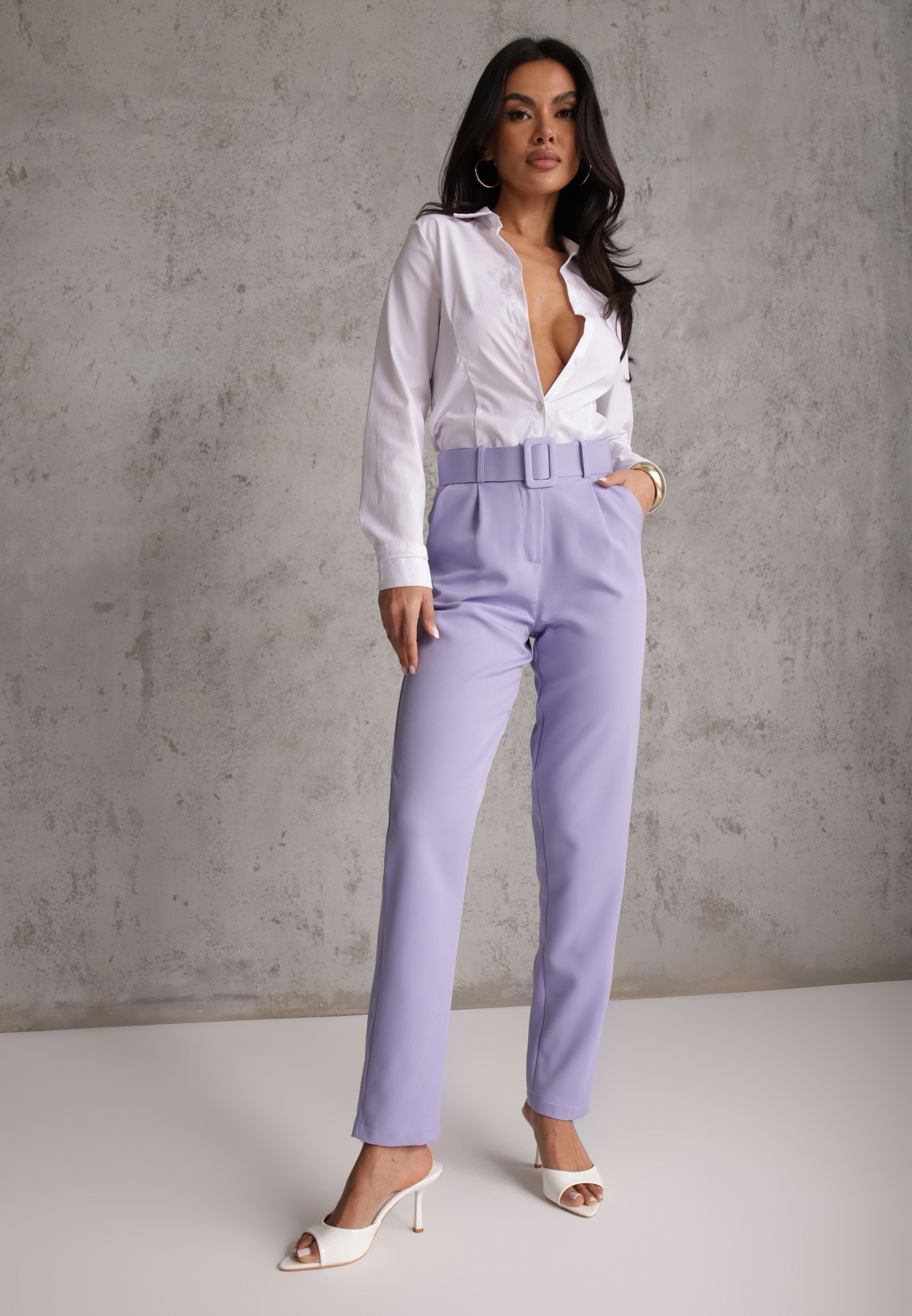 Pantaloni Mov De Costum High Waist cu Centură Wenus