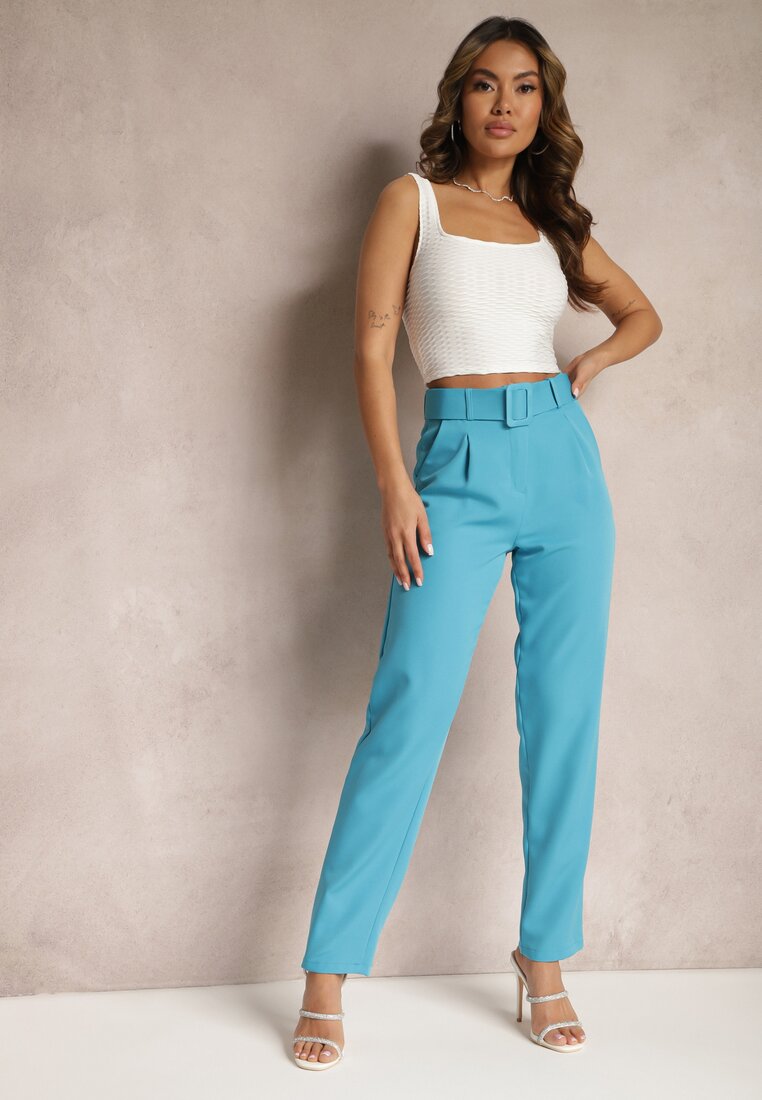 Pantaloni de costum Albaștri High Waist cu curea Wenus