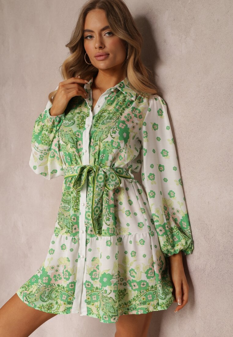 Rochie tip cămașă verde deschis cu nasturi și elastic în talie Melija