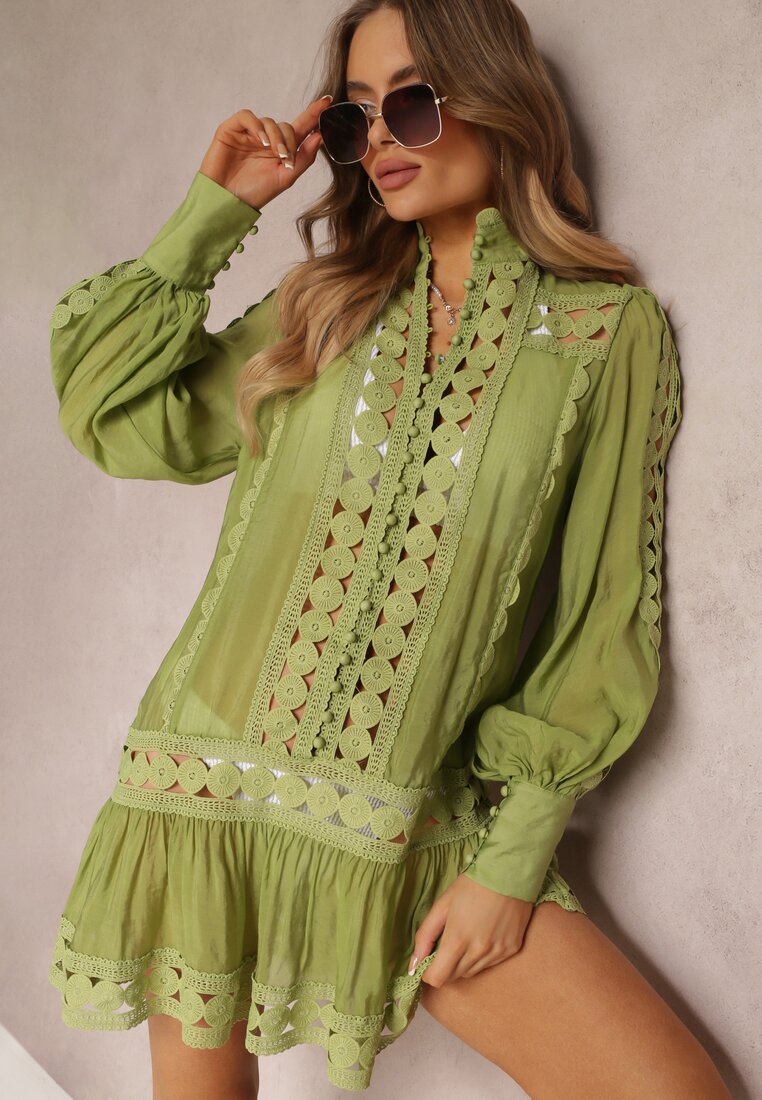 Tunică Verde Tip cutie cu Dantelă și Mânecă Lungă Ahrar